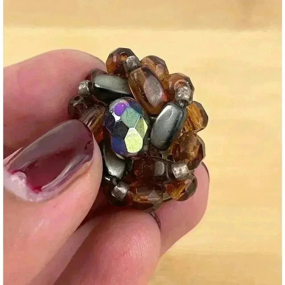 VTG Glass Bead Cluster Clip On Earrings Brass West Germany Iridescent - Picture 7 of 13